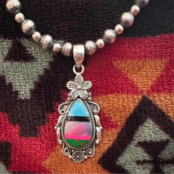 ❤️ Southwestern Stunning Aurora Opal Multi-Stone Inlay 925 Pendant 7.29gm - Picture 3 of 11